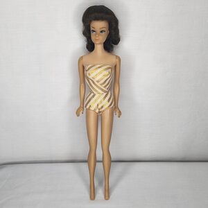 Vintage 1962 Fashion Queen Barbie Doll in Gold and Cream Striped Swimsuit/Wig